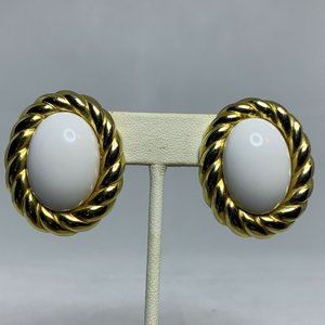 Vintage Mimidin Gold Tone With White Cabochon Clip On Earrings (266)